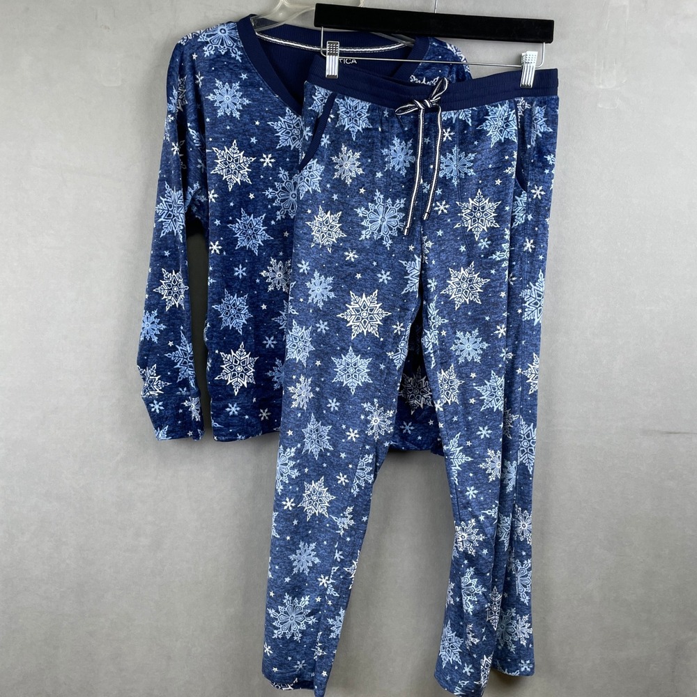 Nautica Women Pajama Set Navy Blue Snowflake Soft Fleece Holiday Top and Pants S